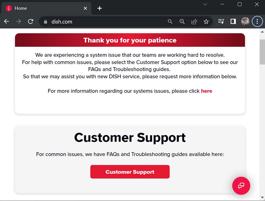 Dish Network 网站在网络攻击后的状态